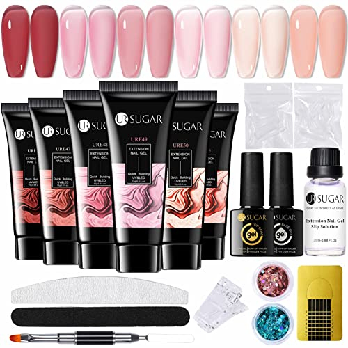 UR SUGAR Poly Gel Nägel Set, Nagelverlängerung Builder Gels Kit 6 Farben Polygel Farben Tube set mit Base Top Coat Slip Lösung Builder Natur Rosa Nude Pink Extension Gel Maniküre Sets DIY at Home