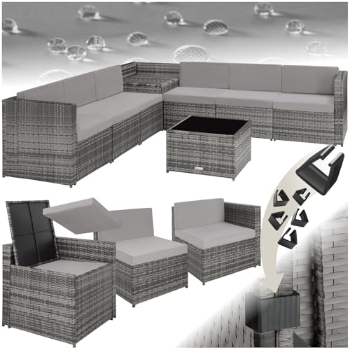 tectake Polyrattan Gartenlounge, frei zu gruppierende Balkon Möbel, Gartenmöbel Set mit einem Beistelltisch Outdoor, inkl. Auflagenbox und Sitz- und Rückenkissen - grau