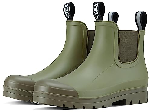 HISEA Women's Short Rain Boots Fashion Waterproof Chelsea Boots Ankle Garden Shoes for Ladies Non Slip Outdoor Work Booties Lightweight Rubber Rainboots with Comfort Insole, Size 8 Olive Green
