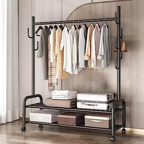 Schwerlast Kleiderständer Auf Rollen Metall Kleiderstange Multifunktionaler Mobiler Garderobenständer Mit Schuhregal Und 7 Haken for Schlafzimmer, Flur, 120/150 * 37 * 165cm