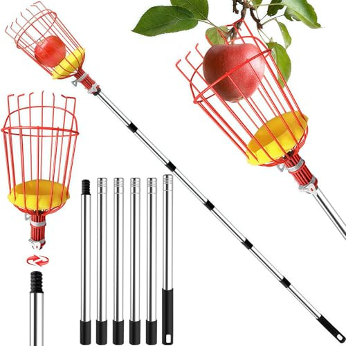 Fruit Picker, 2.7M Apple Picker with Telescopic Handle, Fruit Picker Tool with Lightweight Stainless Steel Connecting Pole and Basket, Fruit Grabber Easy to Assemble, Tree Picker for Orange Lemon Etc