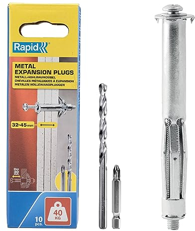 Rapid Confezione da 10 Tasselli ad Espansione in Metallo per Pareti Cave in Cartongesso e Truciolari dallo Spessore di 32 - 45 mm, Supportano fino ad un Carico di 40 Kg