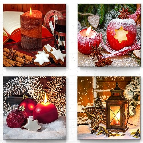 Weihnachten Leinwandbilder zu Deko im 4er-Set B - 30x30cm je Wandbild, Die Weihnachten Bilder eignen sich für Wohnzimmer, Arbeitszimmer, Esszimmer usw. Aufhängefertig