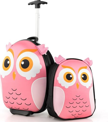 RELAX4LIFE Set 16''+12'' di Valigie per Bambini 2 in 1, 2 Pezzi, Trolly 16''+Zaino 12'', con Ruote Girevoli, Maniglia Retrattile, Zaino con Piedini in Plastica (Gufo)