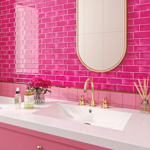 Livelynine Tile Stickers for Kitchen Pink 30x30CM 3D Stick on Tiles for Bathroom Rosa Waterproof Self Adhesive Wall Tiles Hot Pink Peel and Stick Backsplash Tile Peel-and-Stick Tile, 4 PCS