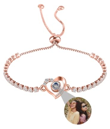 Personalisiertes Foto Armband Mit Bild Rund Projektion im Stein Ich Liebe Dich 100 Sprachen für Damen Freunde Jahrestag Weihnachten Gedenkfeier Geschenk Silber RoseGold Schwarz