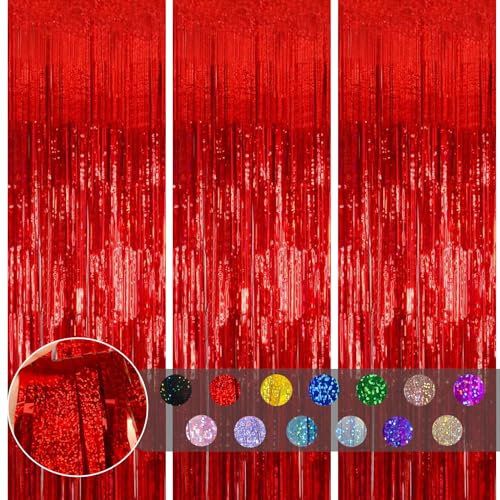 COSORO 3pcs Tinsel Curtain Red Glitter Foil Door Party Backdrop, 3.2x6.5ft Metallic Fringe Streamers, Shimmer Tassel Decorations for Birthday Christmas