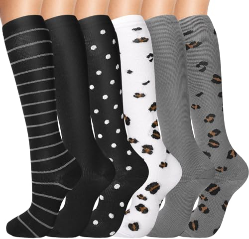 patinadrift 6 Paar Stützstrümpfe Damen und Herren - Kompressionsstrümpfe Compression Socks Stützkniestrümpfe für Running Wandern Reisen, L/XL