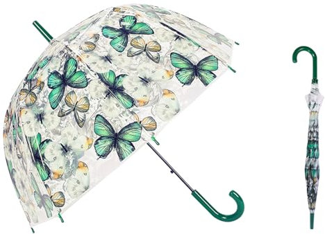 ThreeH Clear Bubble Umbrella with Windproof Transparent Dome POE Canopy Beautiful Butterfly Patterns Curved Handle Automatic Open,Green