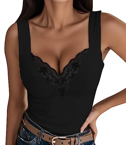 Spitzentop Damen Weiß -Trägertop Damen Sommer -Cami Top Damen Sexy Tank Tops Spitzen Oberteile Slim Fit Ärmelloses T Shirt V-Ausschnitte Tunika Bluse Sommertops Luftig Weste Tanktops Frauen