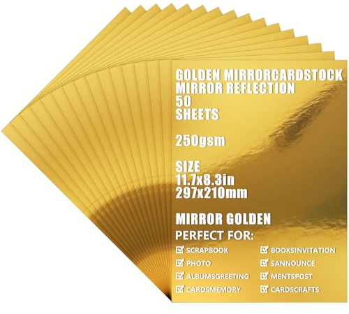 ASelected 50 Sheets Gold Mirror Card A4 250gsm/92Ib Metallic for Arts and Crafts, Mirror Foil Activity, DIY Projects Wedding Birthday Party Decoration