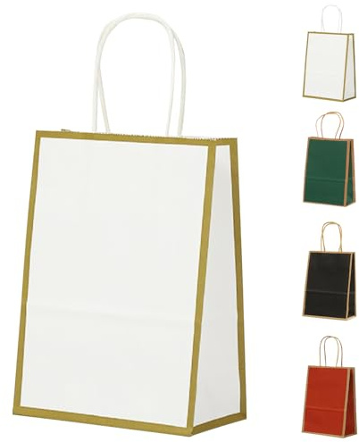 MORAINJAY 20 bolsas de regalo de papel blanco con marco dorado, bolsas de papel kraft para fiestas, bolsas de dulces de 15 x 8 x 21 cm con asas, pequeñas bolsas coloridas para regalos, regalo de