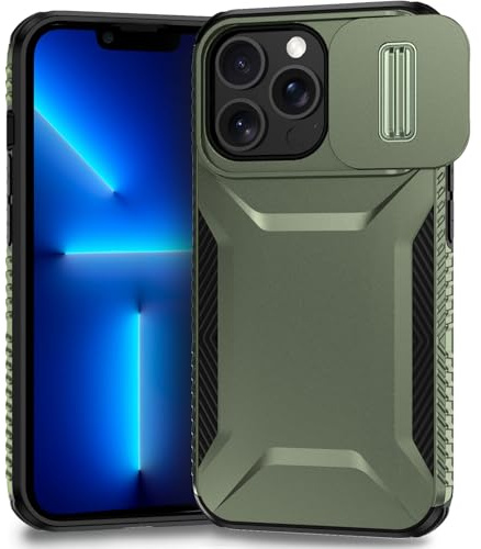 Yerebel Custodia per iPhone 13 Pro Max con copriobiettivo scorrevole, Resistente agli urti militare antiscivolo robusto di alta qualità cover per iPhone 13 Pro Max Verde
