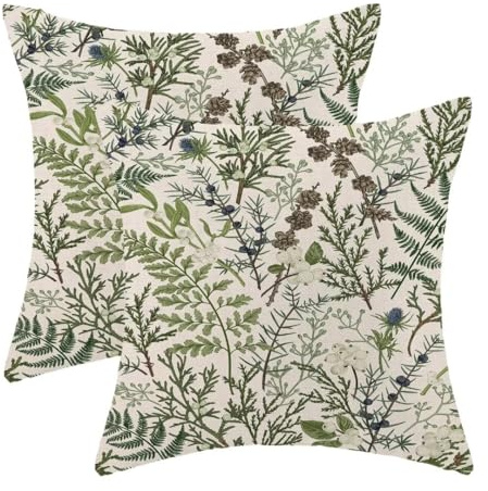 BETGINY Spring Floral Pillow Covers 18 x 18 Set of 2, Sage Green Flower Plant Decorative Throw Pillow Covers Linen Farmhouse Outdoor Herbs Botanical Pillowcases for Couch Sofa Decor