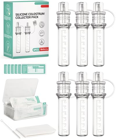 derimkcoa 6ml/6pcs Collecteur de colostrum Collecteur de lait maternel réutilisable avec étui de rangement et lingette en coton, récipient portable de colostrum sans BPA