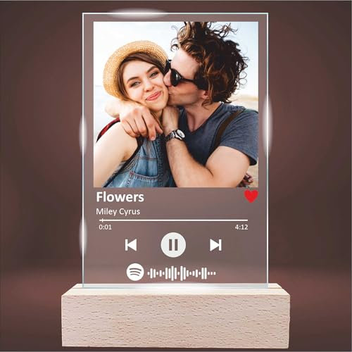 INDIGOS UG - LED Lampe personalisiert - Spotify - Song Cover - mit Foto & Wunschtext - individuell selbst gestalten - Geschenk - Valentinstag - Acryl 14x14 cm - optionale Lampe warmweiss