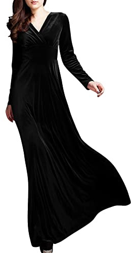 Samtkleid Damen Langarm V Ausschnitt Abendkleider Lang Frühlingskleid Hohe Taille Cocktailkleid Elegant Hochzeit Ballkleid Maxi A Linie Kleider Frauen Samt Festliche Partykleid Winterkleid