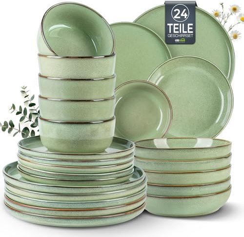 GBhome Service de table pour 6 personnes, 24 pièces, émaillage réactif, fait à la main, en faïence, passe au micro-ondes et au lave-vaisselle, vert pastel