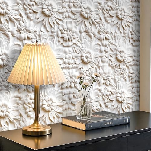 iPaste 17.5x475 Off White Contact Paper Peel and Stick Floral Wallpaper White Paintable Baroque Art Deco Flower Wall Mural Wallpaper 3D Embossed Wall Paper Peel and Stick Modern for Bathroom Ceiling