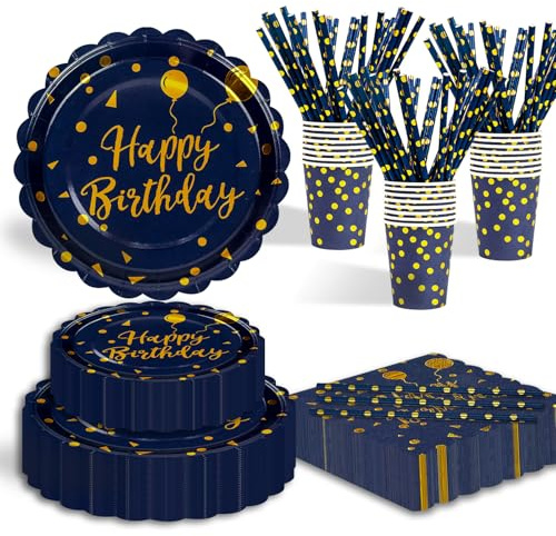 125 Stück Pappteller Partygeschirr,Blau Gold Fächerförmiger Einweg Geburtstag Pappteller,inkl Pappteller, Becher, Servietten und für Geburtstag Party Supplies