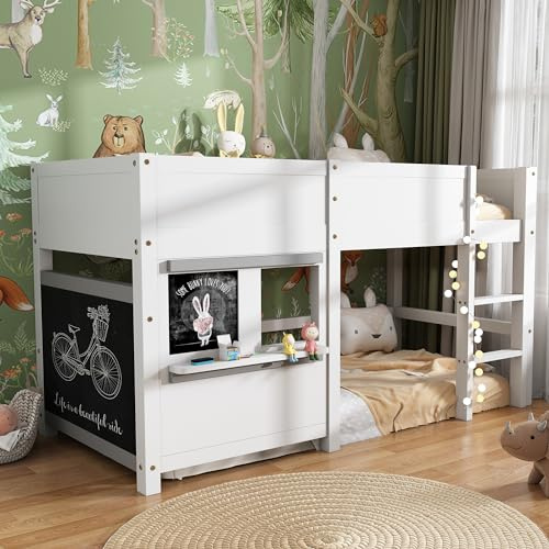 FAYICIC Hausbett Kinderbett Spielbett Etagenbett mit Zwei Brettern graffitifähig mit Kleiner Ablage 90x200 weiß