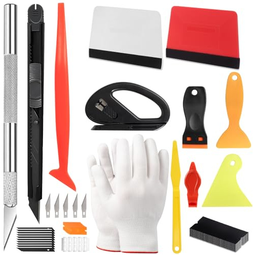 Nadinsta 52 Piezas Espatula Vinilo, Espátula para Vinilo, Kit Herramientas de Película con Raspadores de Fieltro, Cuchillo de Precisión y Corte, Guantes para Envoltura de Coche, Tinte de Ventana