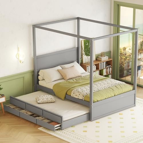 Generisch 140 x 200 Himmelbett, Pritsche mit ausziehbarem Einzelbett und DREI Ablagefächern, Grau (ETA:11/5)