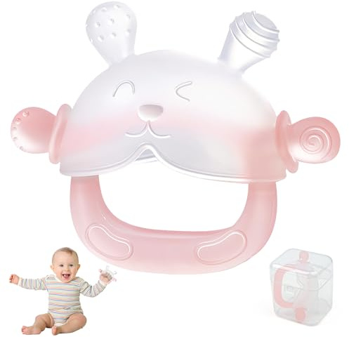 ZSSZD 1 Pcs Teething Product for Baby, Silicone Baby Teethers Mittens, Newborn Essentials for Teething Relief, Bunny Teeth with Detachable Handle, Teether for Babies 3-8 Months