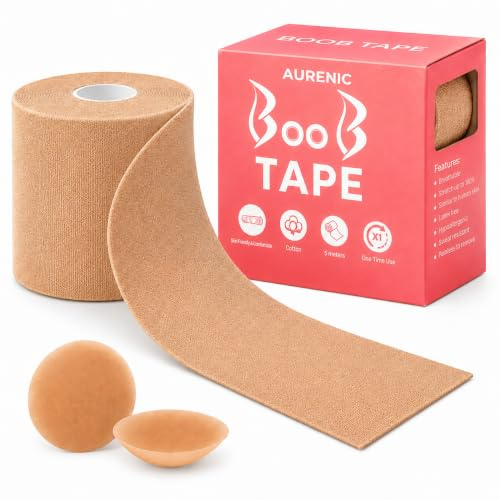 Boob Tape for Large Breasts – 5M Strong bob Tape with 2 Silicone Nipple Covers –Boobtapes, Boobie Tape for Lift & Support – Perfect for Backless Dresses (Skin)