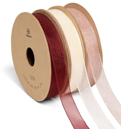 Vitalizart 0,95 cm x 27,4 m Organzaband in Creme & Rose & Rot, 3 Rollen x 9.14 m, Geschenkband für Geschenkverpackungen, Bastelarbeiten, Weihnachtsbaumschleifen, Hochzeitseinladungen, Blumensträuße