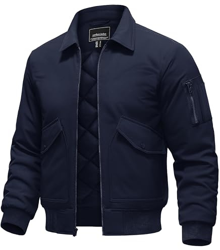 TACVASEN Men's Winter Jacket Thermal Fleece-Lined Full-Zip Quilted Bomber Jacket Windproof Water-Repellent Padded Coat Navy, L