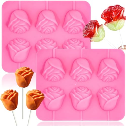Rose Flower Lollipop Molds, 2 Pack Rose Silicone Chocolate Candy Molds, 3D Flowers Cake Pops Mold Sucker Mould with 20 Sticks for Valentine's Day Mother's Day Cake Cupcake Decorations