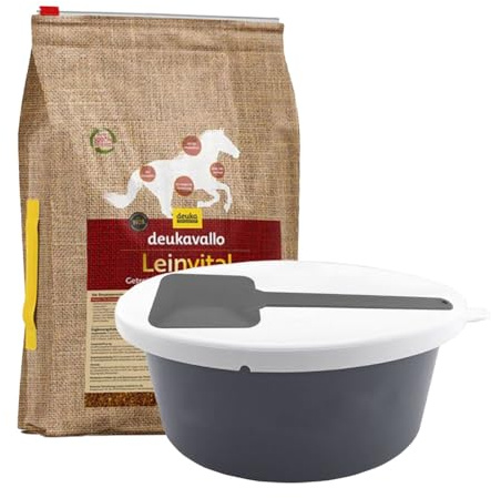 Futterset Pferd – deukavallo Leinvital Leinsamen Mash getreidefrei 6kg + 5L Futterschale mit Deckel & Mashlöffel – Verdauungsförderndes Pferdefutter für empfindliche Pferde & Fellwechsel (Grau)