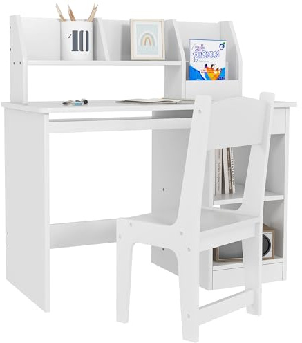 ZONEKIZ Juego de Escritorio y Silla para Niños de +5 Años 2 Cajones Blanco