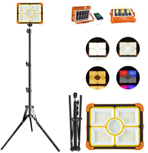 Lampe de camping rechargeable avec trépied, lampe de travail solaire portable 12 000 mAh, lampe de travail LED sans fil 12 000 lm avec 5 modes, étanche, équipement de camping, réparation de voiture