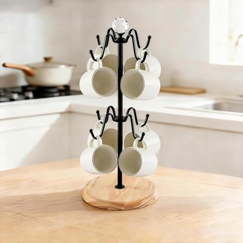 LEMIKKLE Mug Tree, 8 Metal Hook Cup Holder with Weighted Solid Wood Base and Anti-Slip Pads, Stable Organiser for Kitchen and Coffee Bar (No Mugs) (Black)