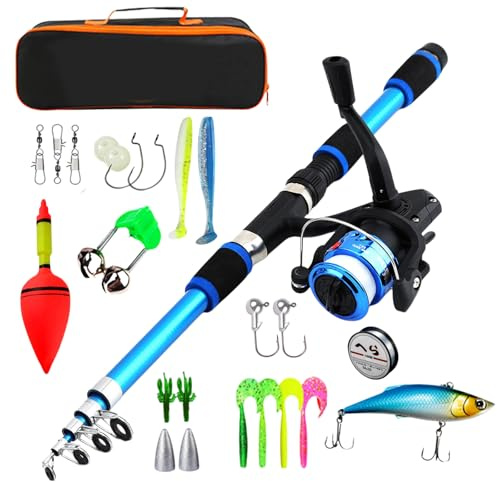 Set da pesca per bambini, 1,8 m, con mulinello, set di esche e borsa per il trasporto, canna da pesca telescopica per bambini, accessori da pesca, set completo per 3-10 anni