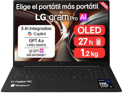 LG gram Pro 16Z90U-K.AUB5BN - Ordenador Portátil Ultraligero de 16 Intel Core Ultra X7 358H, 32 GB RAM, 512 GB SSD, ARC B390 Graphics, OLED Antirreflejo, 1199g, 27h, Windows 11, Teclado ES, Carbón