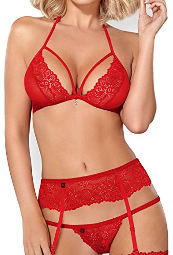 Obsessive. Damen Dessous Straps Set Strapsgürtel und Bänder BH tiefer Ausschnitt rot aus Spitze transparent mit String