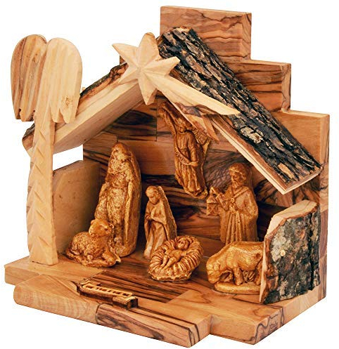 THE JERUSALEM GIFT SHOP SINCE 2004 Olive wood nativity set with figures | Stable bark roof | Made in Bethlehem