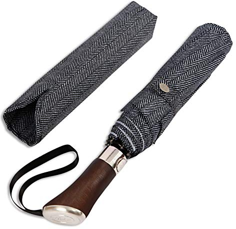 Balios (Designed in UK) Travel Folding Umbrella Lux Hardwood Handle Auto Open & Close Windproof Single Canopy (Herringbone)