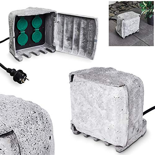 HOFSTEIN Außensteckdose Tinú, Gartensteckdose aus Metall in Steinoptik mit 4 Steckdosen und Klappdeckeln zur Festinstallation, Mehrfachsteckdose für Garten, Terrasse, Außenbereich, Beet, IP 44