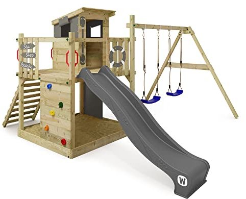 Wickey Spielturm Klettergerüst Smart Camp mit Schaukel & anthraziter Rutsche, Outdoor Kinder Kletterturm mit Sandkasten, Leiter & Spiel-Zubehör für den Garten