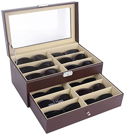 AUTOARK PU-Leder Brillenbox zur Aufbewahrung von 12 Brillen Sonnenbrillen Präsentation Showcase,Braun,AW-129