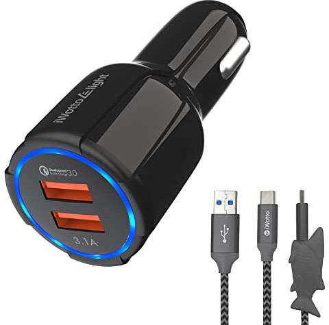 iWotto 18W - Caricatore da auto USB a doppia porta - Set di caricabatterie Shark - Doppia porta - Caricatore QI USB 3.1 Fast Charge & USB 3.0
