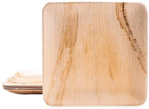 BOX And Tree | 100 Assiettes Jetables en Feuille de Palmier Carrées 24x24 cm | Alternative aux Assiettes en Plastique | Aspect Bois Naturel, Style Bambou | Pour Buffet, Mariage