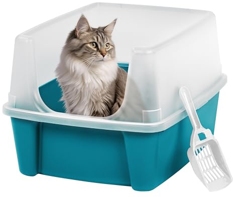 Iris Ohyama Cat Litter Tray with Scoop, Blue, Easy to Clean, Cat Litter Box, Detachable Spill Preventing Walls, For Kittens, Adult Cats, Rabbits, BPA Free, Open Top, Modern, CLH-12