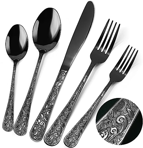Meythway 40-Piece Vintage Carved Black Silverware Set for 8, Stainless Steel Flatware Set with Knife/Fork/Spoon, Cutlery Set for Home and Kitchen, Utensil Set with Dishwasher Safe