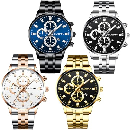 yunanwa 4 Pack Men's Watches Luxury Casual Dress Business Waterproof Military Quartz Wristwatches for Men Stainless Steel Band Gold Black Blue Silver Wholesales Set Assorted (Color B)