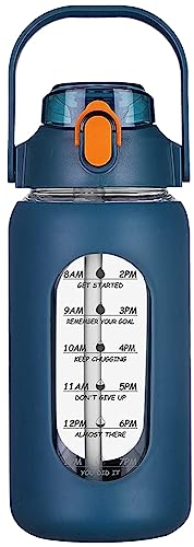 TsoLay de agua de vidrio de 64 onzas con popote, botella de vidrio con de silicona y marcador de tiempo, para gimnasio, hogar, oficina, azul marino